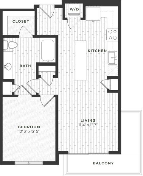 Floor plan for 1 bed, 1 bath, 730 sqft